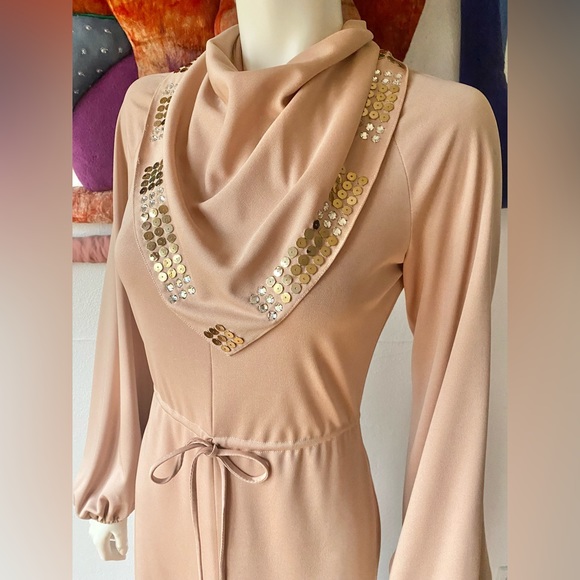 1970’s LEE JORDAN DRESS Studded Studs Rhinestones NEUTRAL Vintage Tags Nude Knit - Picture 1 of 11